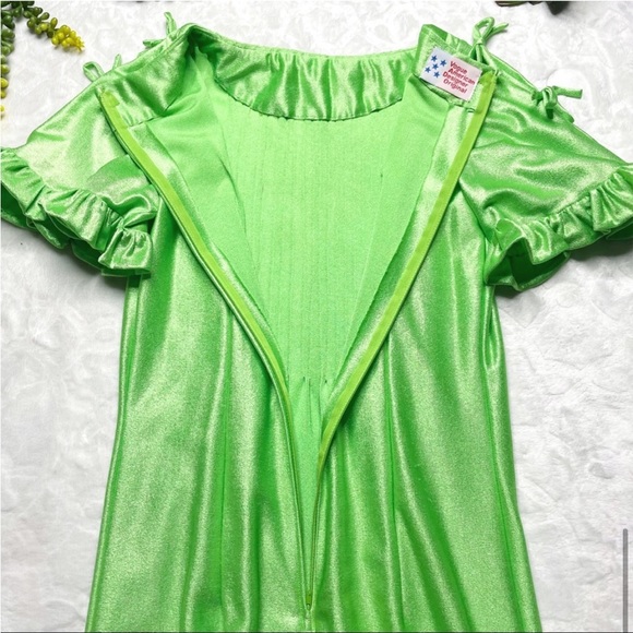 Vintage 1970s 70s Handmade Neon Green Pintucked Short Sleeve Qiana Maxi Dress - Picture 10 of 16